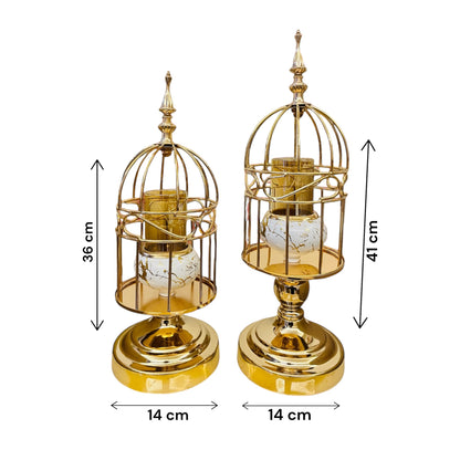 Luxurious Golden Cage Candle Stand with white marble finished holder inside- set of 2