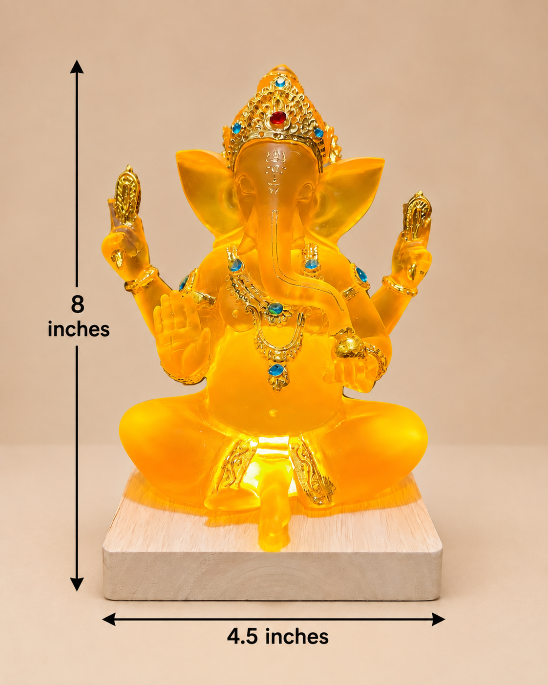 Luminous Amber Ganesha Resin Idol LED Lamp with Wooden Base, 8 Inches