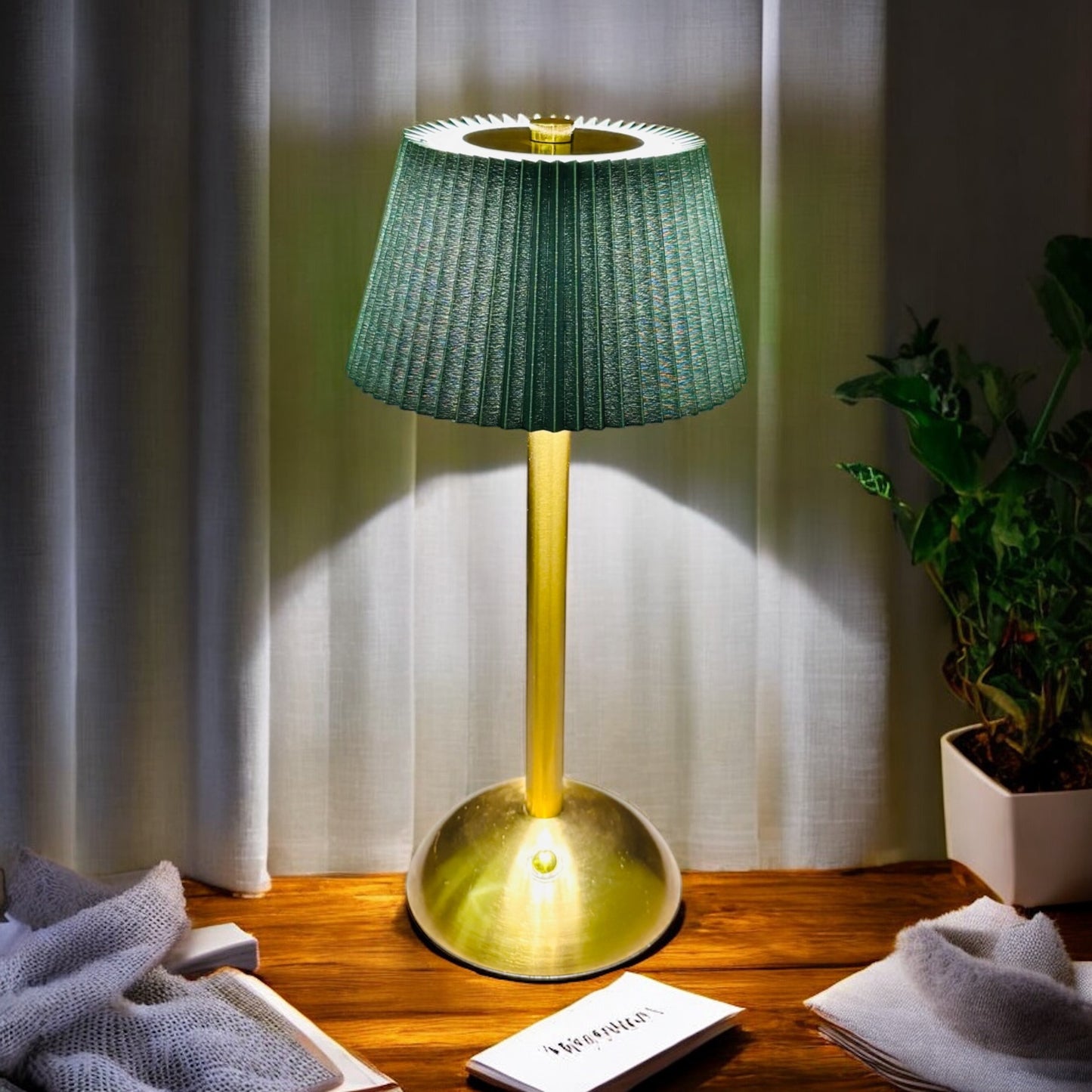 Gold Table Lamp with Pleated Green Shade & Touch Control