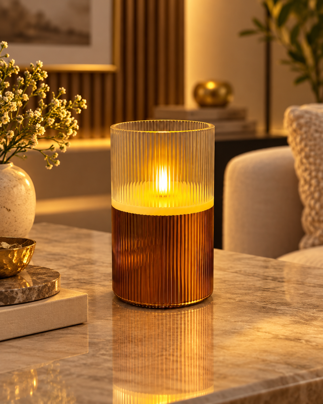 Dual-Tone Ribbed Glass LED Flameless Candle – 6 Inches, Diameter 4 Inch