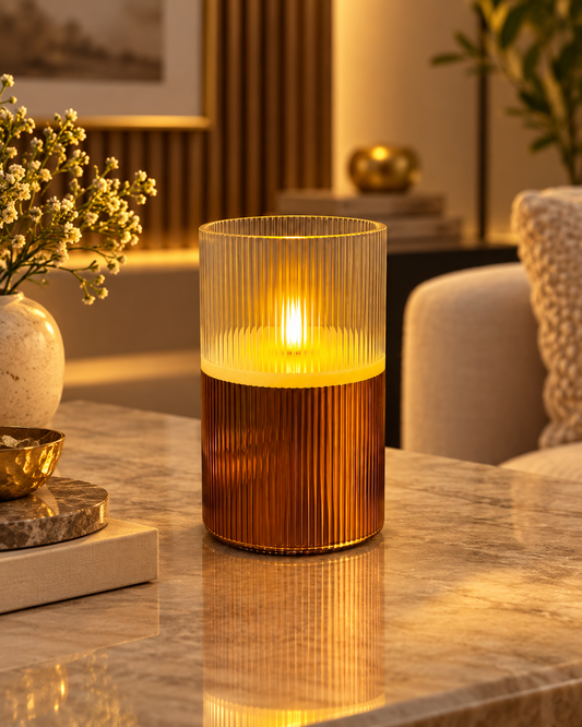 Dual-Tone Ribbed Glass LED Flameless Candle – 6 Inches, Diameter 4 Inch