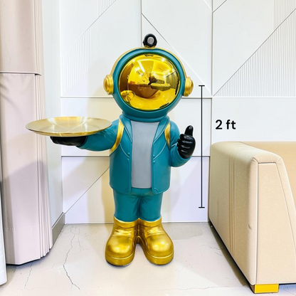 Modern Teal & Gold Astronaut Resin Statue with Serving Tray– Decorative Accent Side Table Figurine for Living Room & Home Decor