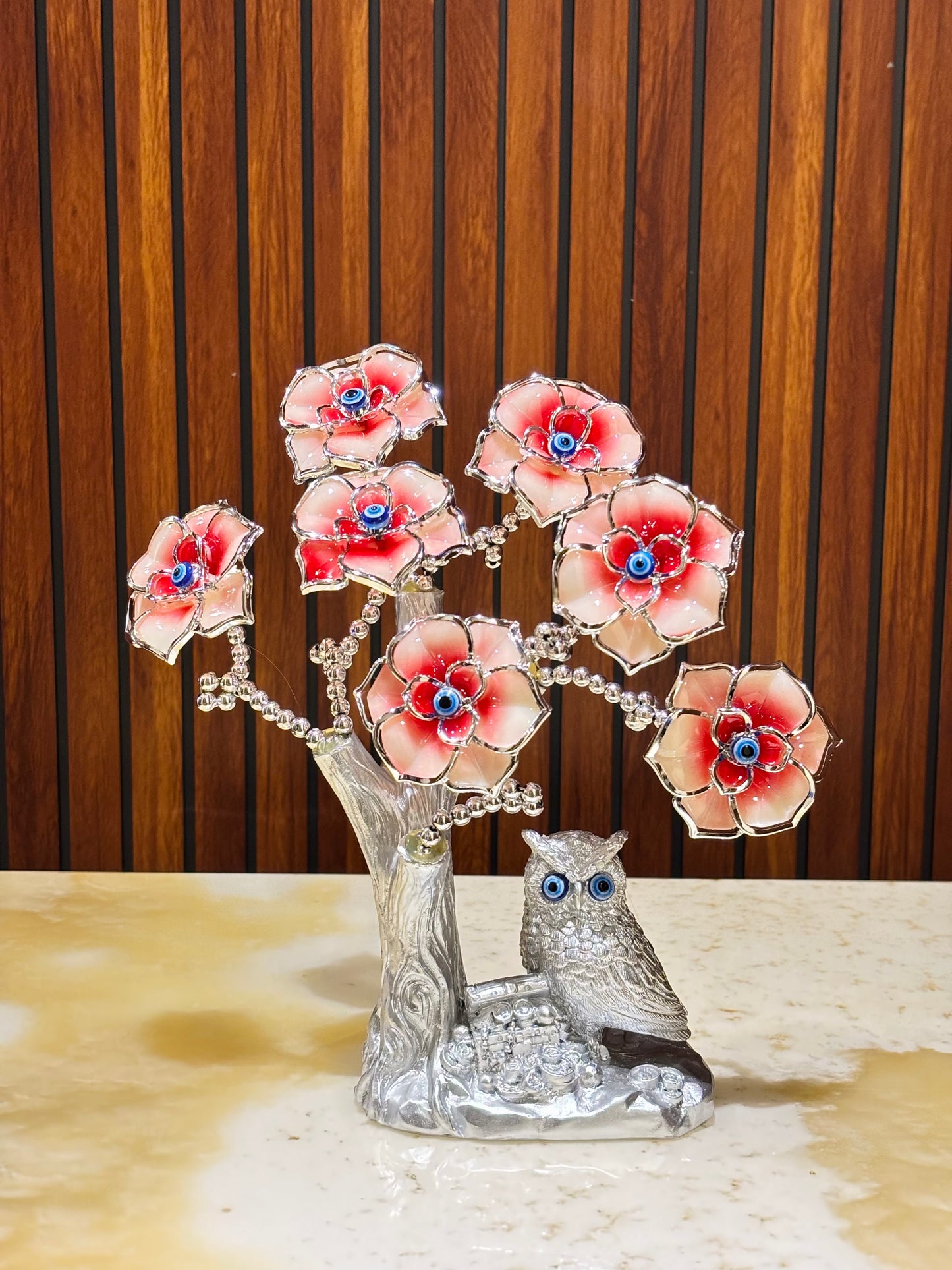 Golden Owl with Evil Eye Flower Tree for Table Decor