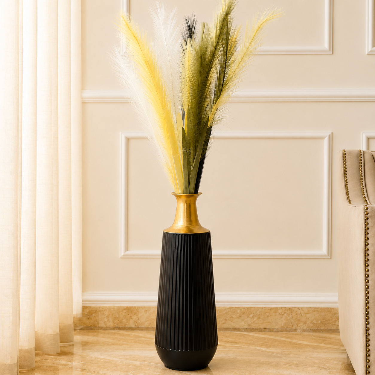 Premium Black & Gold Ribbed Metal Floor Vase – 24 Inches | Luxury Decorative Vase