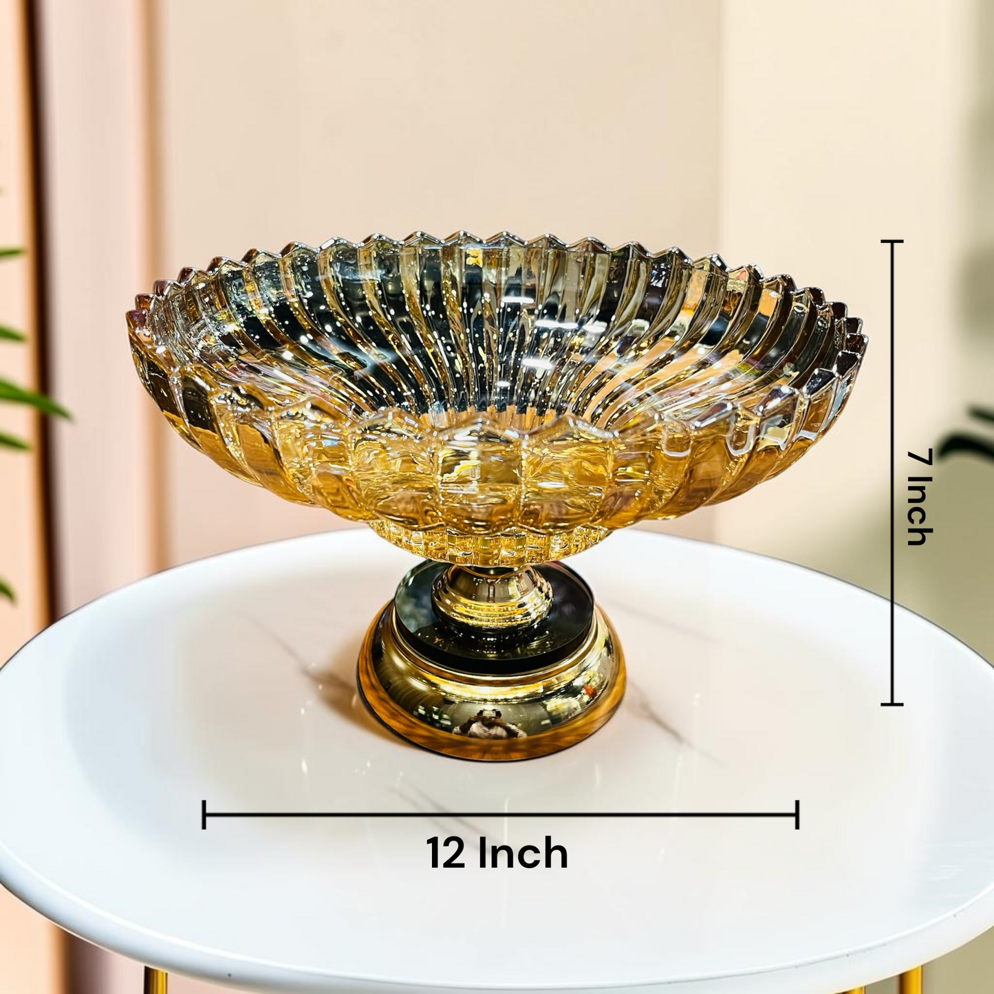 Luxury Amber Fluted Glass Fruit Bowl with Gold Pedestal Base – Decorative Tabletop Centerpiece Platter