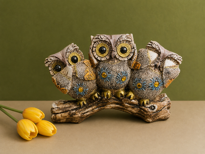 Three Wise Owls Perched on Log Statue 4 Inch Tabletop Decor for Home and Office
