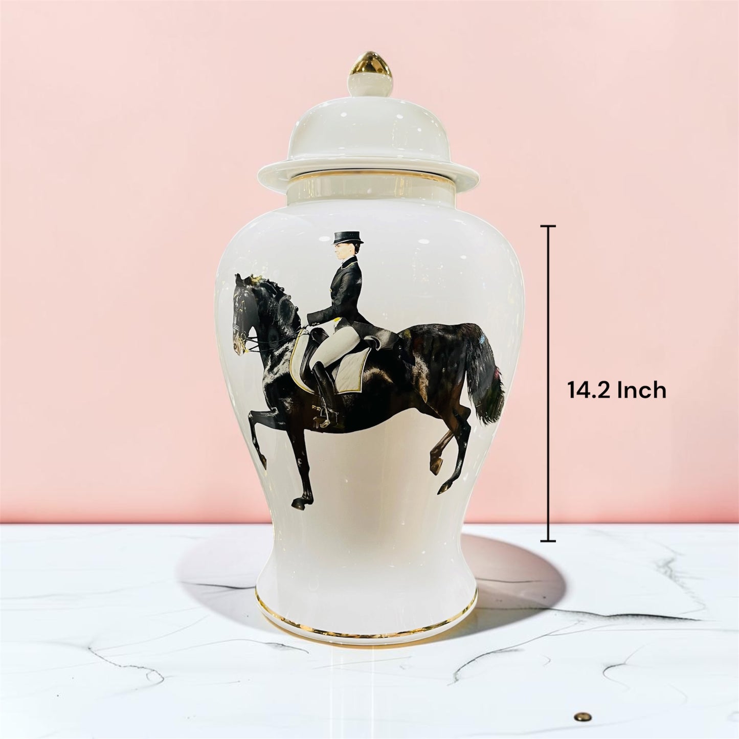 Classic Equestrian Rider White Ceramic Temple Vase/Jar