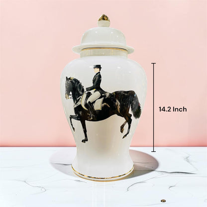 Classic Equestrian Rider White Ceramic Temple Vase/Jar