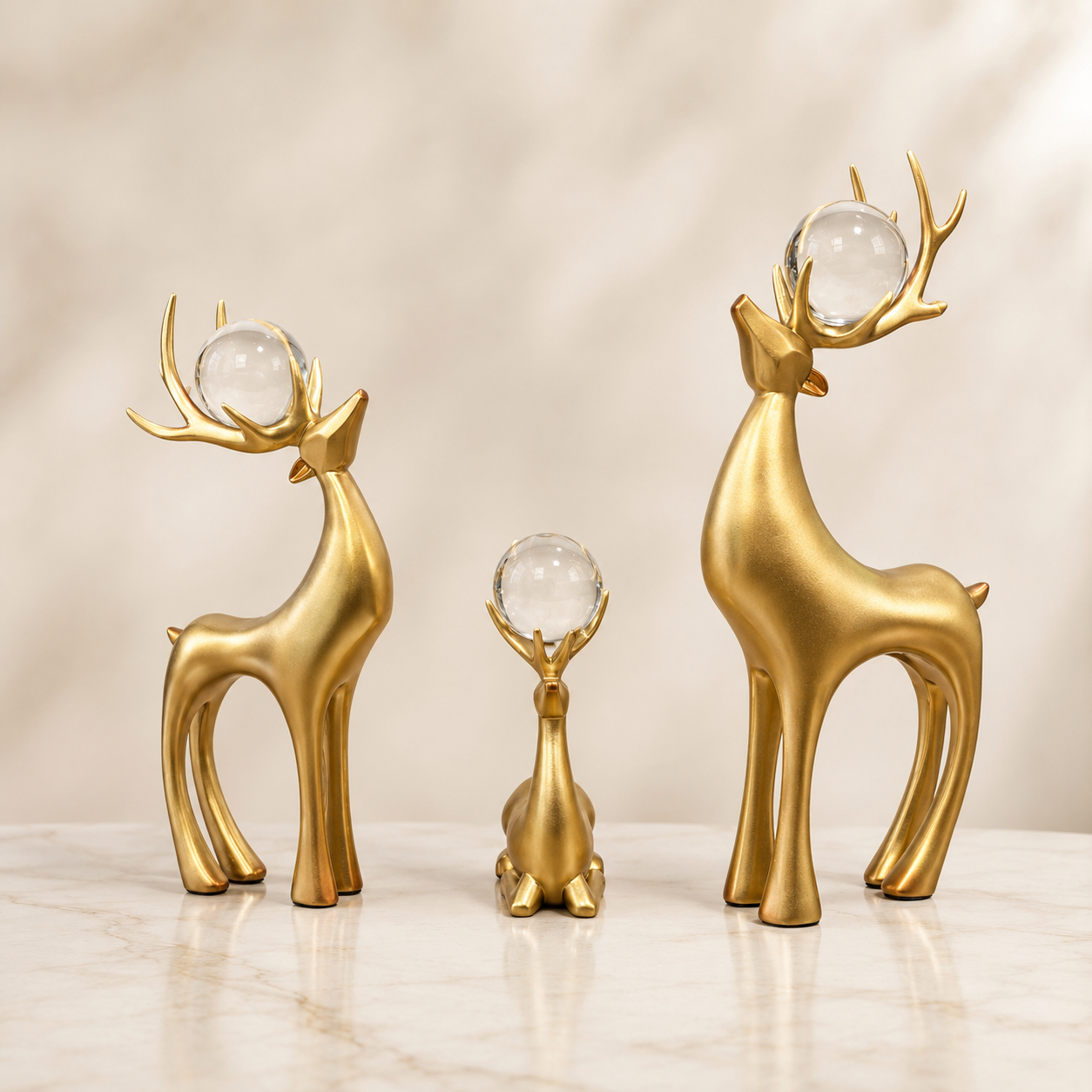 Luxury Golden Deer Showpiece Set of 3 with Crystal Balls – Elegant Reindeer Figurines for Home & Office Decor