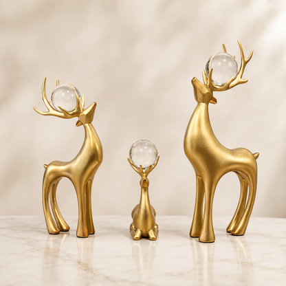 Luxury Golden Deer Showpiece Set of 3 with Crystal Balls – Elegant Reindeer Figurines for Home & Office Decor