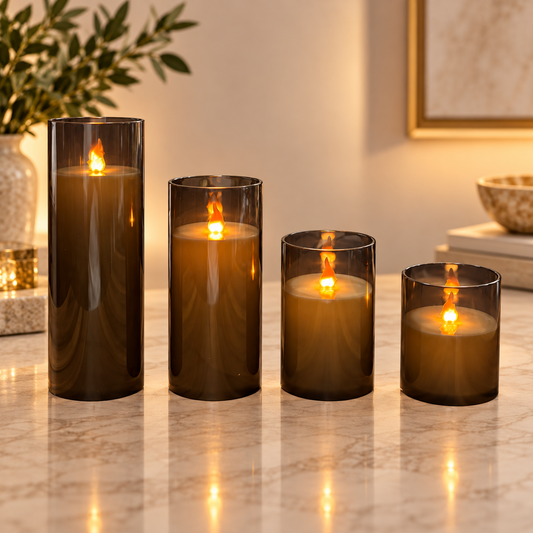 Black Acrylic Glass LED Flameless Candles with Realistic Flickering Flame – Battery Operated
