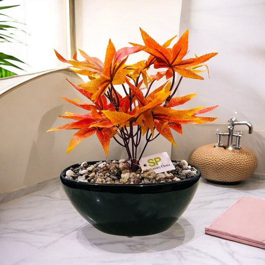 Artificial Maple Leaf Plant in Ceramic Pot with Authentic Pebbles - Elegant Home & Bathroom Décor