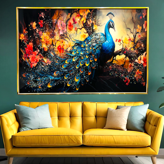 Elegant Peacock Art with Vibrant Floral Design and LED Light Crystal Glass Painting