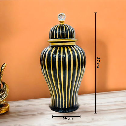 Elegant Ceramic Black and Gold Striped Vase with Crystal Lid