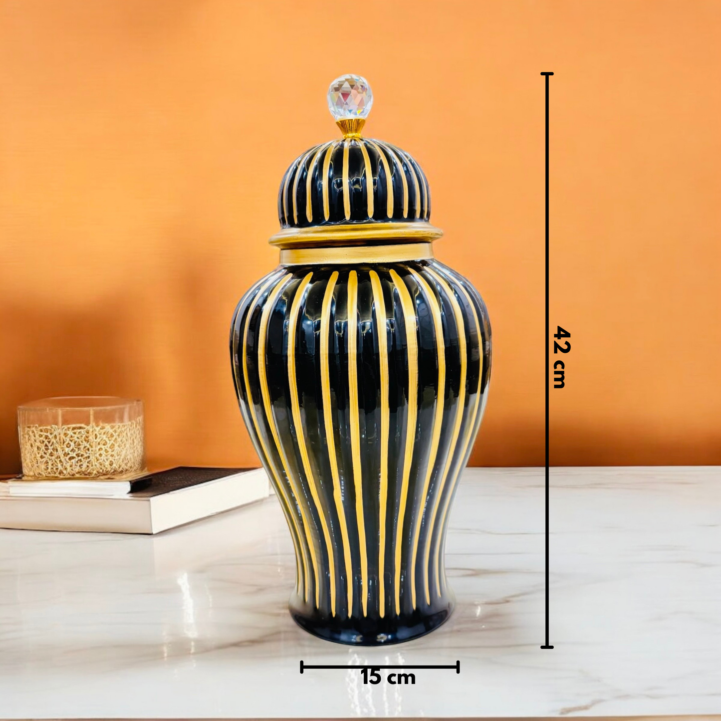 Elegant Ceramic Black and Gold Striped Vase with Crystal Lid Big Size