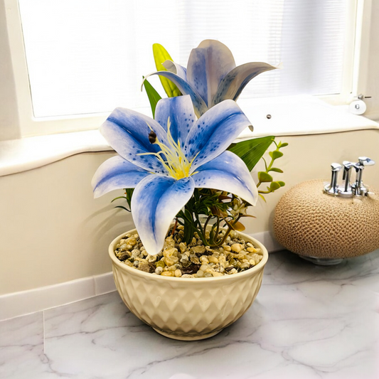 Artificial Blue Lily Plant in Ceramic Pot with Authentic Pebbles - Stylish Bathroom and Home Decor