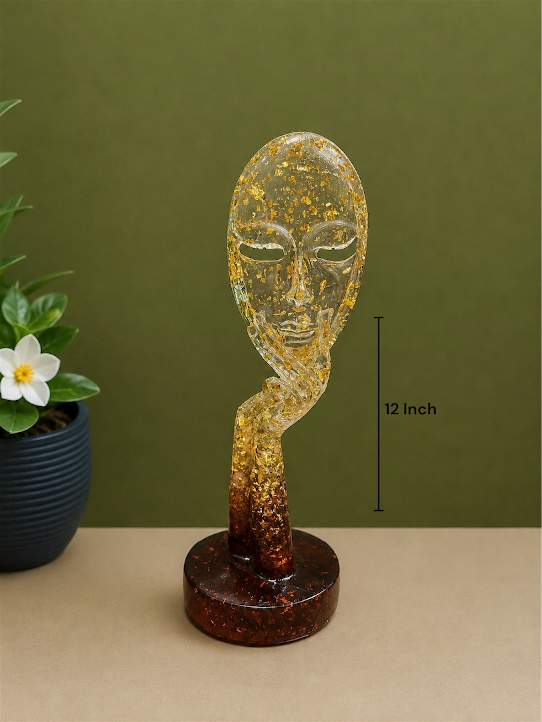 Golden Contemplation Transparent Resin Face Sculpture for Home and Office Decor