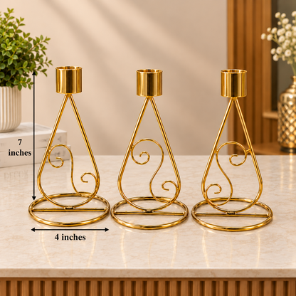 Set of 3 Golden Brass Taper Candle Stands – Elegant Decorative Candle Holders for Home Decor