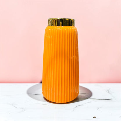 Modern Vibrant Orange Ribbed Ceramic Vase with Gold Rim 8 Inch