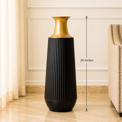 Premium Black & Gold Ribbed Metal Floor Vase – 24 Inches | Luxury Decorative Vase