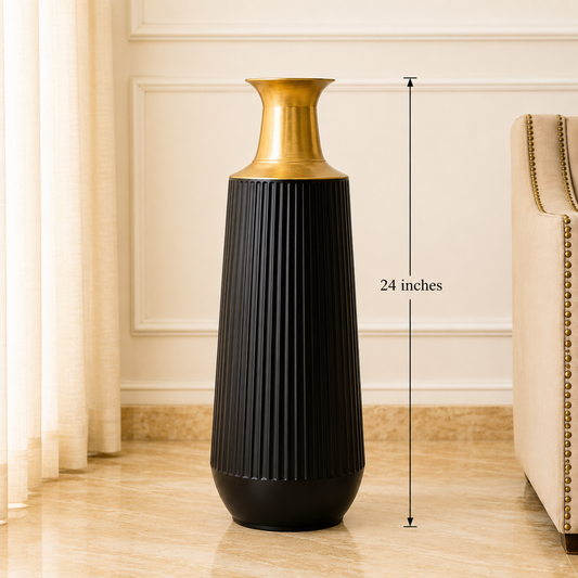 Premium Black & Gold Ribbed Metal Floor Vase – 24 Inches | Luxury Decorative Vase