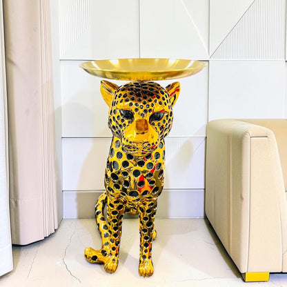 Metallic Gold Resin Leopard Statue with Tray Table – Luxury Cheetah Accent Floor Decor for Living Room