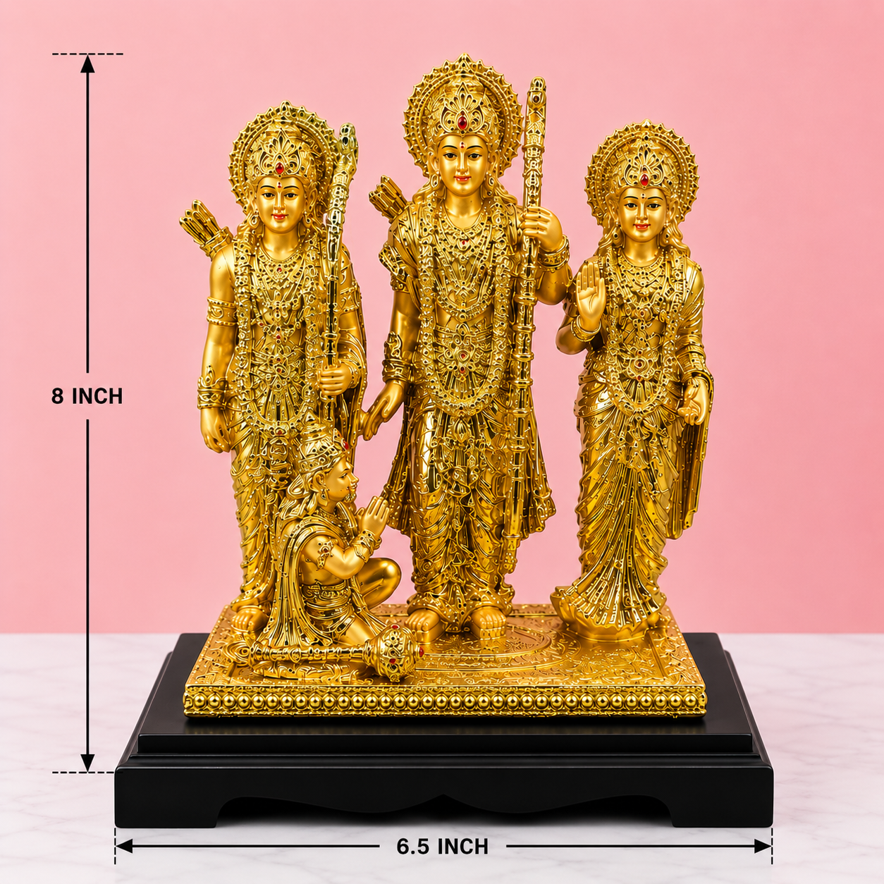 Premium Gold Finish Ram Darbar Idol with Wooden Base | Lord Ram, Sita, Lakshman & Hanuman Showpiece for Home Temple & Office (8 x 6.5 Inch)