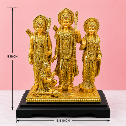 Premium Gold Finish Ram Darbar Idol with Wooden Base | Lord Ram, Sita, Lakshman & Hanuman Showpiece for Home Temple & Office (8 x 6.5 Inch)
