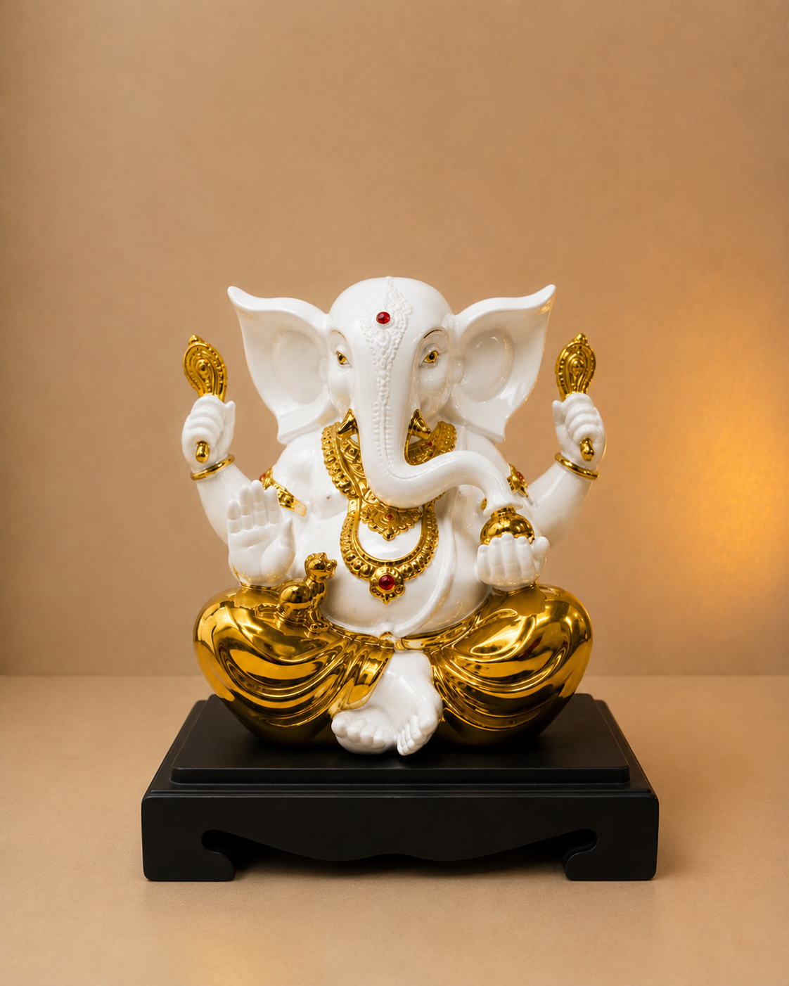 Luxury White & Gold Lord Ganesha Idol with Black Wooden Base | Premium Ganesh Showpiece for Home, Office & Temple | 12 Inch