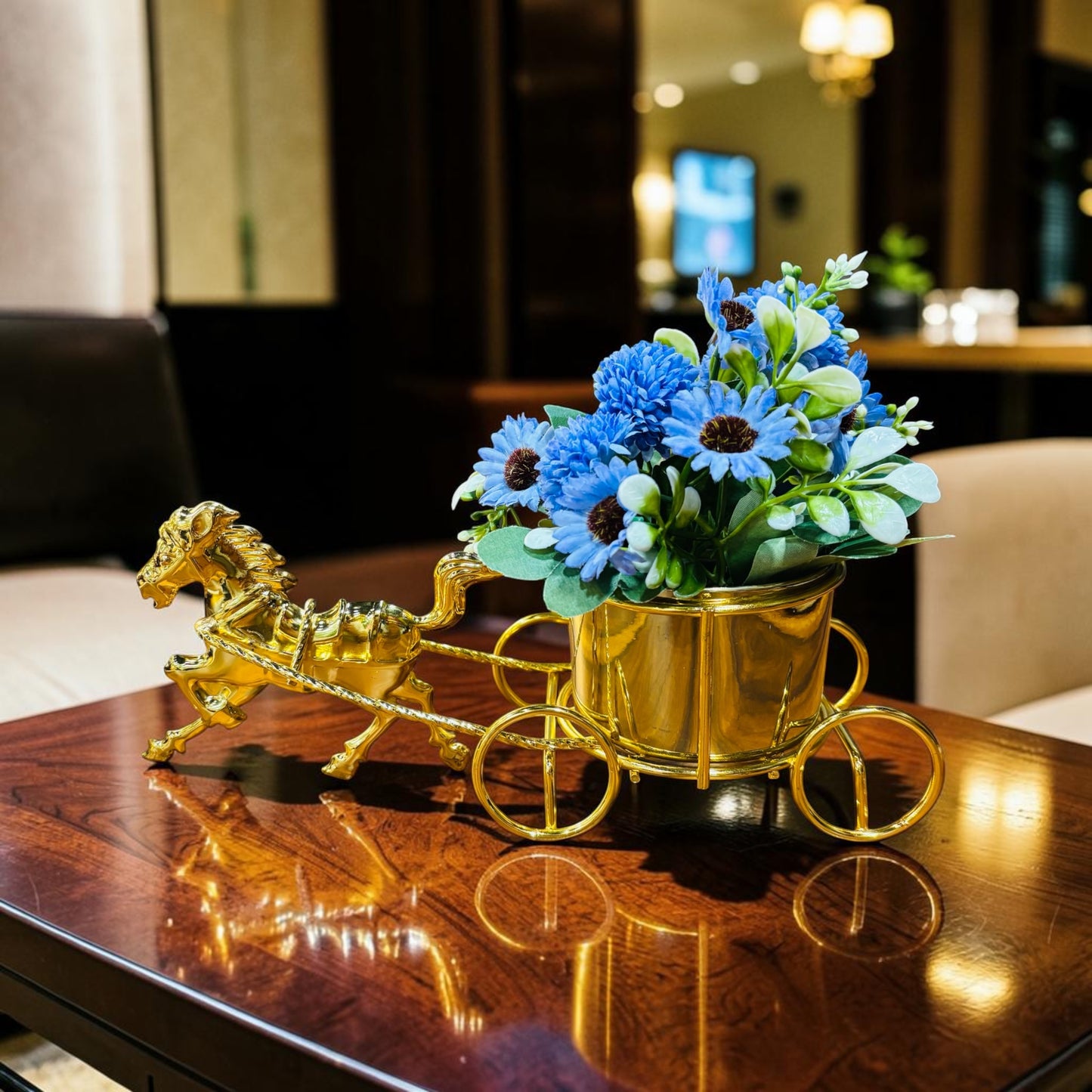 Golden Horse Metal Flower Cart with Artificial Blue Flowers – Luxury Tabletop Decor
