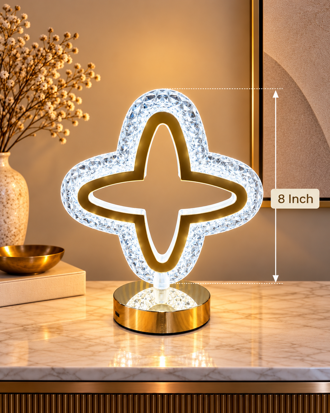 Rechargeable Crystal Clover Table Lamp with 3 Light Modes, 8 Inches