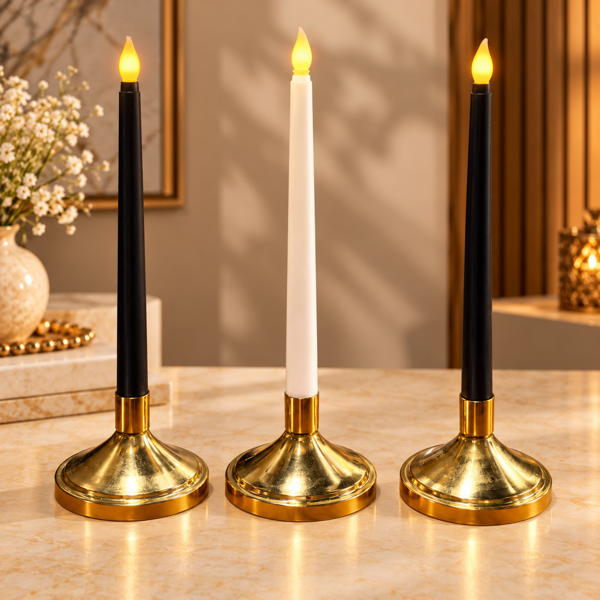 Set of 3 Golden Brass Taper Candle Stands – Elegant Traditional Candle Holders