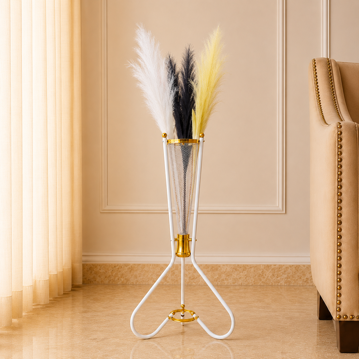 Luxury White & Gold Metal Floor Vase – 32 Inch Tall Decorative Statement Vase for Living Room