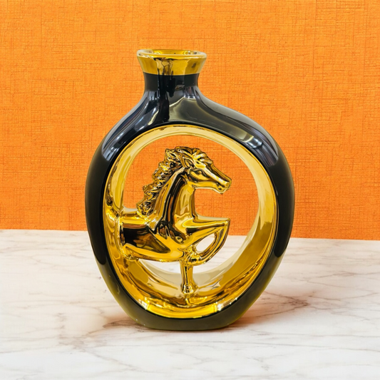 Luxury Black & Gold Metal Vase with Decorative Horse Design
