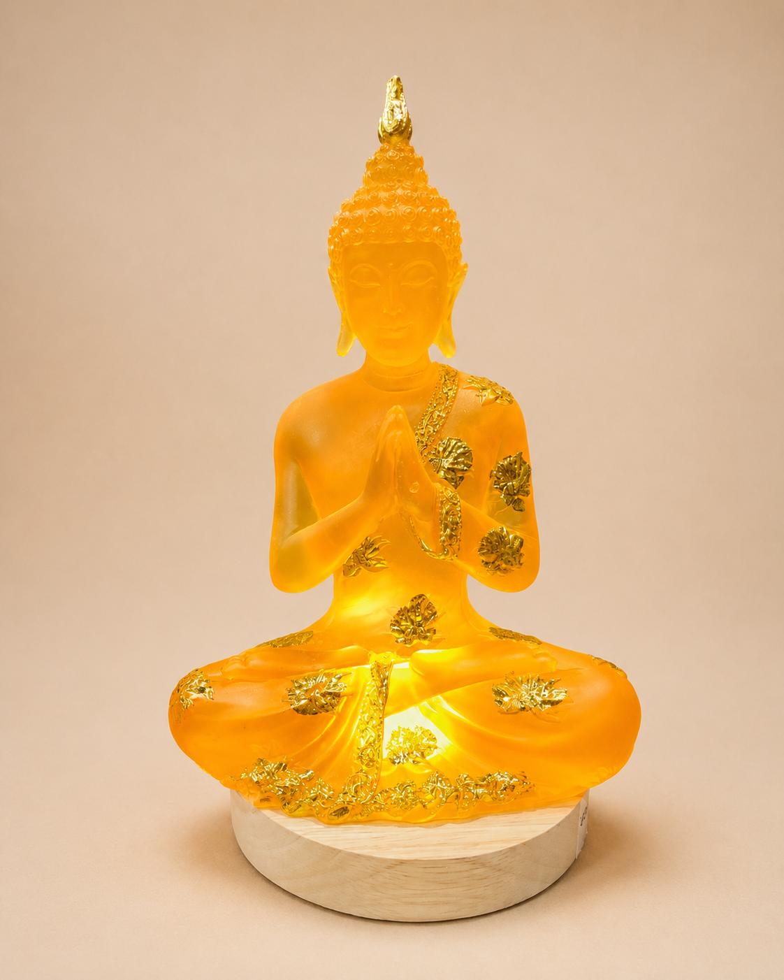 Serene Amber Meditating Buddha Resin Idol LED Lamp with Wooden Base, 9 Inches
