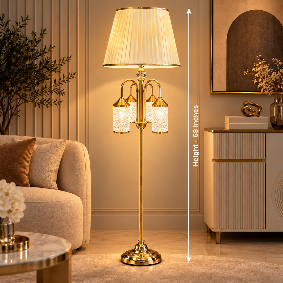 Luxury Golden 3-Light Floor Lamp with Pleated Shade – 68 Inches