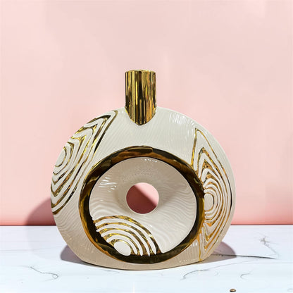 Modern White & Gold Hollow Round Ceramic Vase 10.5 Inch