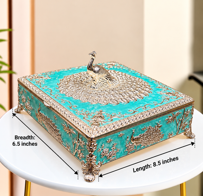Premium German Silver Turquoise Enamel Peacock Jewellery & Dry Fruit Organizer Box, 8.5*6.5 Inches