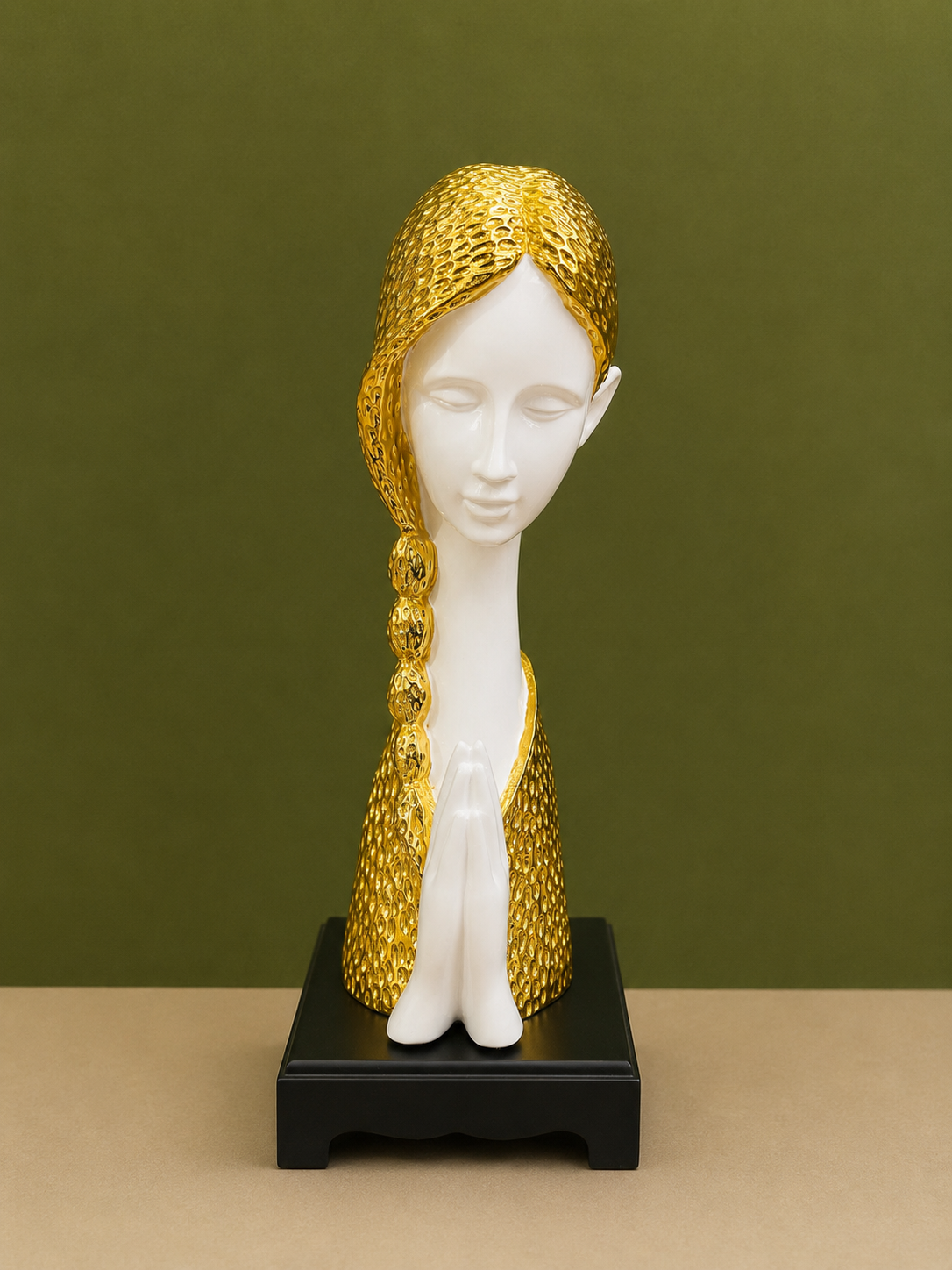 Elegant Welcome Lady Statue with Gold Textured Hair 16 Inch Resin Decor for Home and Office