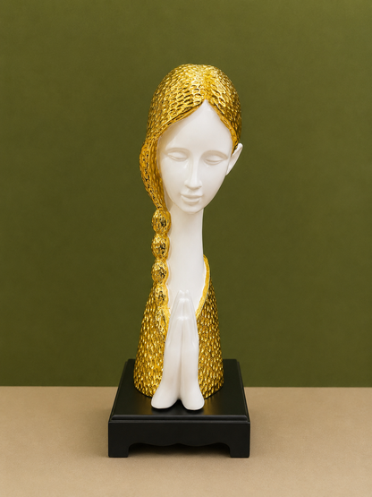 Elegant Welcome Lady Statue with Gold Textured Hair 16 Inch Resin Decor for Home and Office