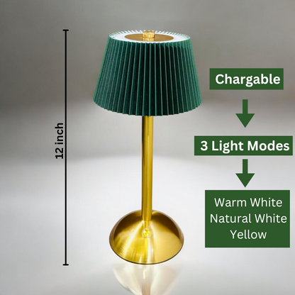 Gold Table Lamp with Pleated Green Shade & Touch Control