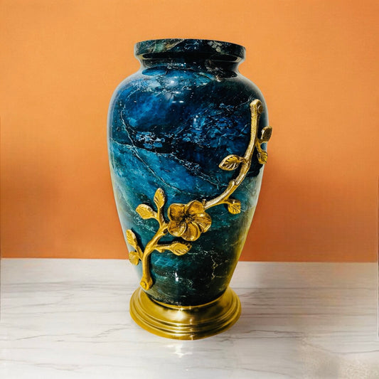 Blue metal table flower vase with metal leaf carving