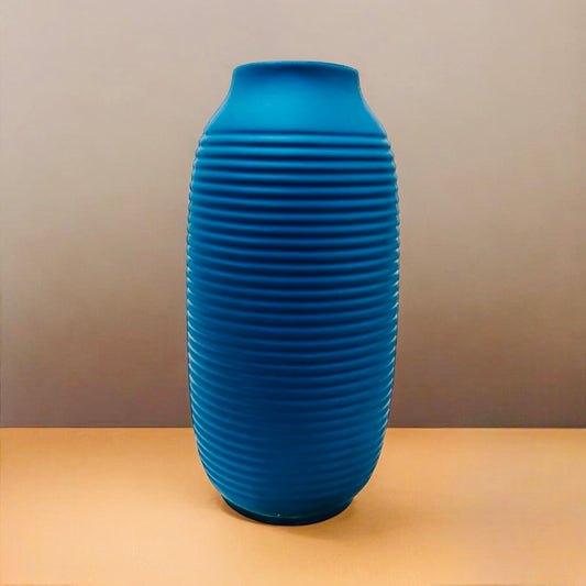 Minimalistic Ceramic Blue Cylinderical Flower Vase with Strips for Home Decor