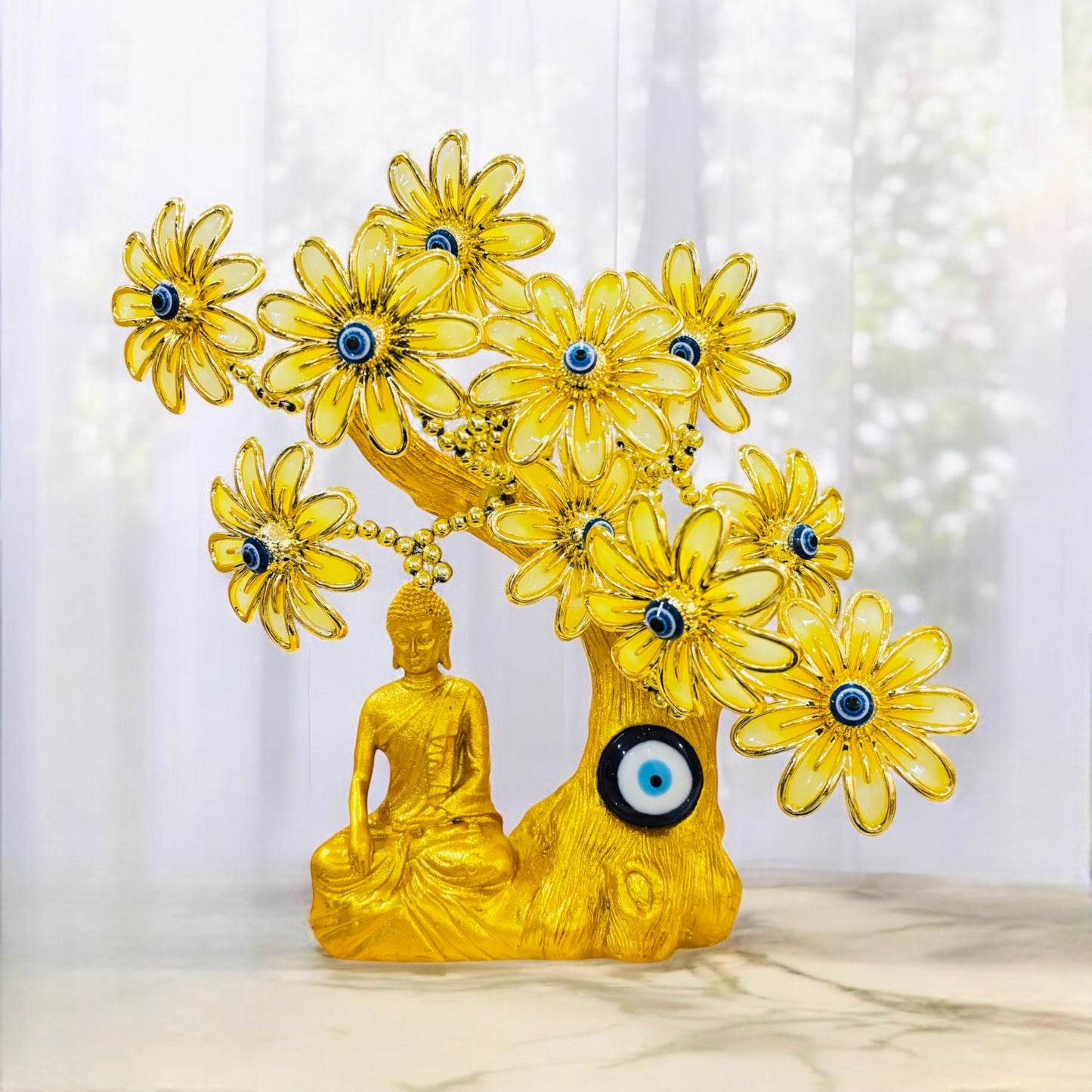 Meditating Buddha Yellow Evil Eye Tree – Spiritual Decor