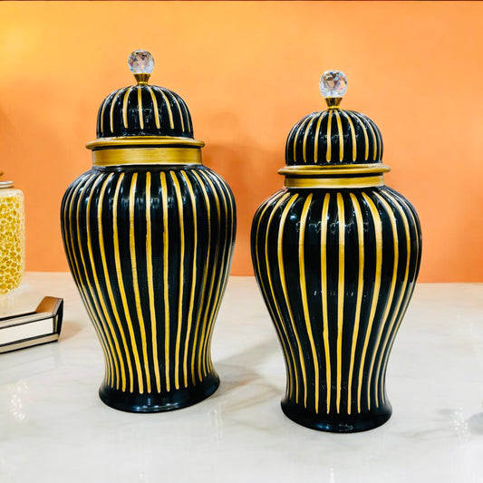 Elegant Ceramic Black and Gold Striped Vases with Crystal Lid – Set of 2