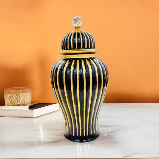 Elegant Ceramic Black and Gold Striped Vase with Crystal Lid Big Size