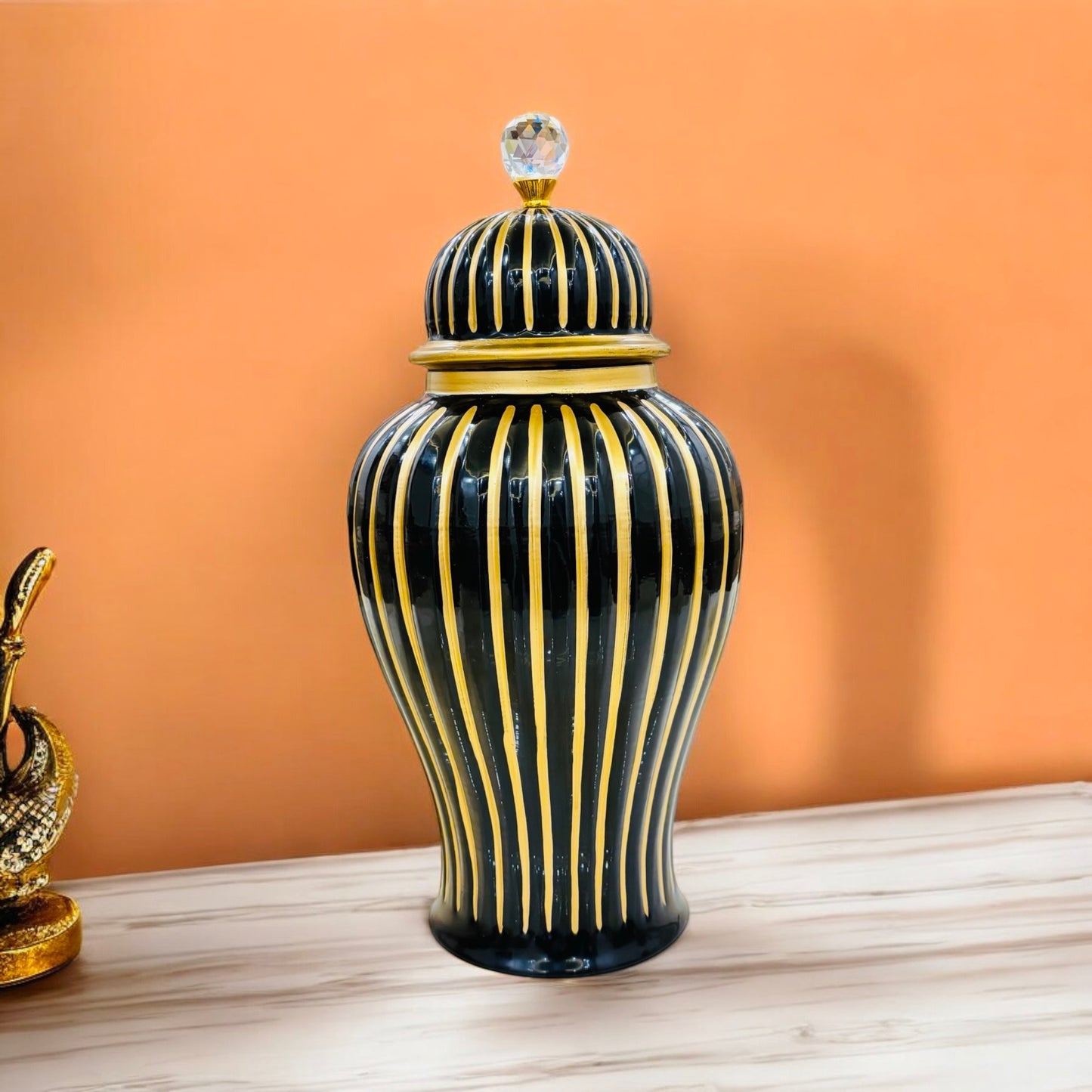 Elegant Ceramic Black and Gold Striped Vase with Crystal Lid