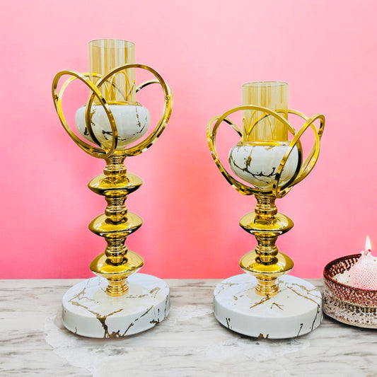 Luxurious Gold & Marble Candle Stand Set – Elegant Decorative Candle Holders (Set of 2)