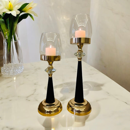 Elegant Black & Gold Candle Holders with Glass Covers - Set of 2