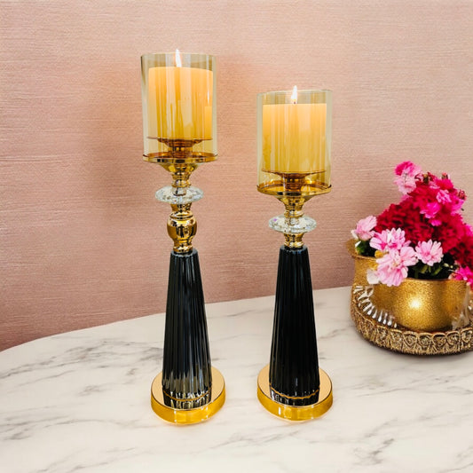 Elegant Gold & Black Glass Candle Holders with Crystal Accents - Set of 2